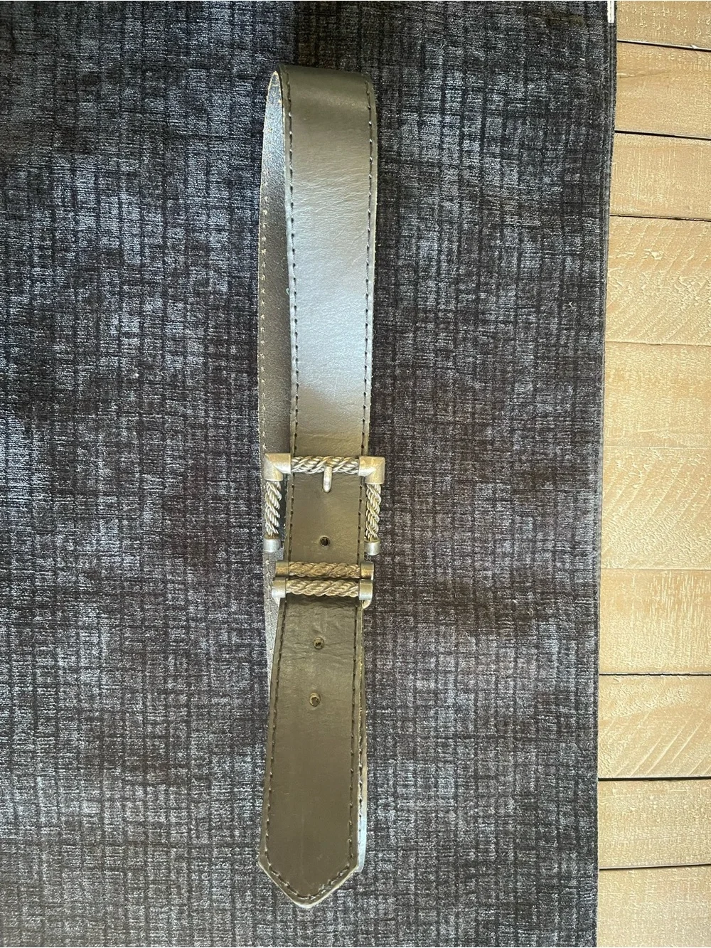 Women's Black Leather Belt with Braided Silver Buckle Detail